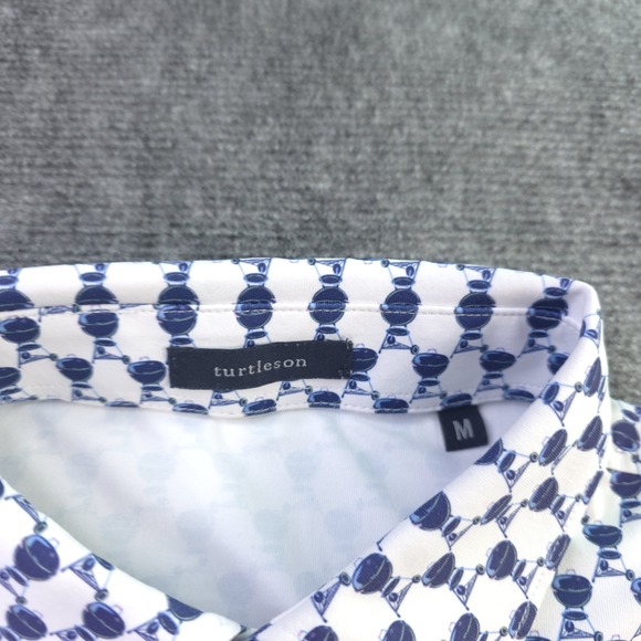 Turtleson Polo Medium White Blue Charcoal Grill Geometric Short Sleeve Golf - Picture 4 of 9